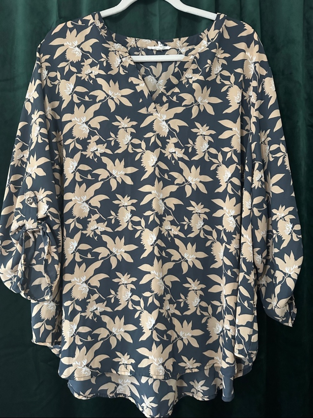 Maurices Charcoal and Beige Floral Tunic Blouse